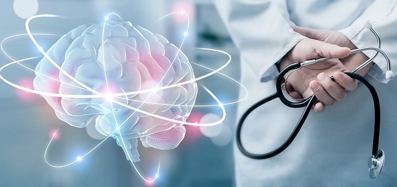 Neurology diagnostics. Hologram of human brain and doctor with stethoscope, panorama