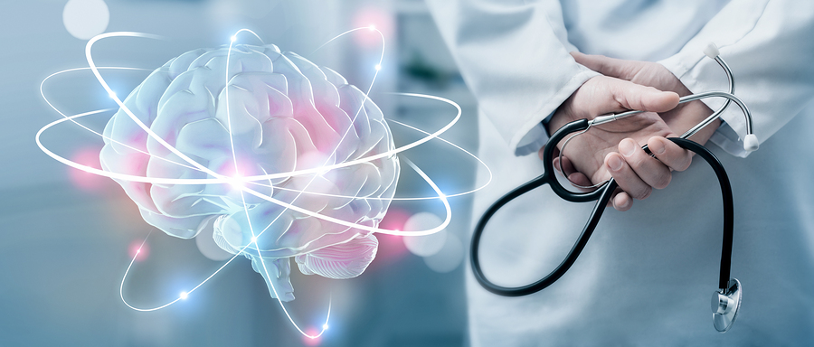 Neurology diagnostics. Hologram of human brain and doctor with stethoscope, panorama